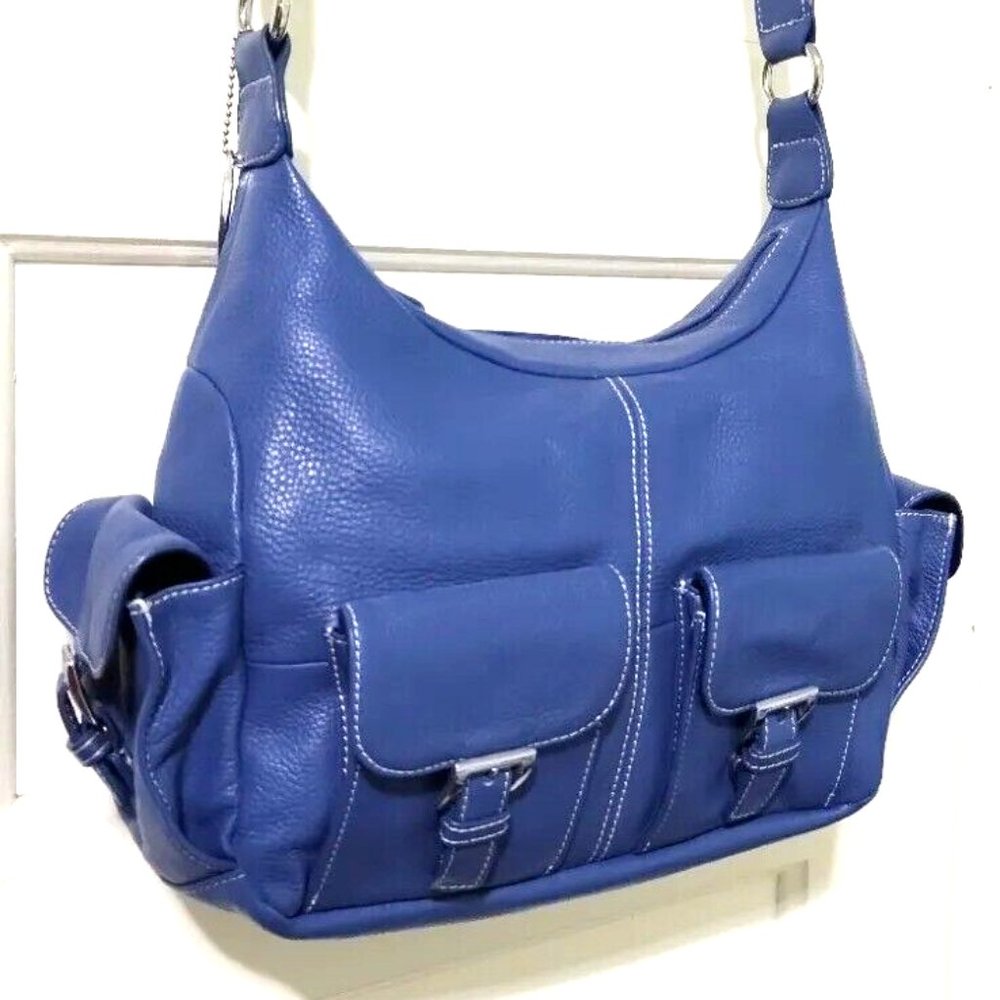 Tignanello Dark Blue 100% Leather Shoulder Hand Bag Purse Top Zip Side Pockets